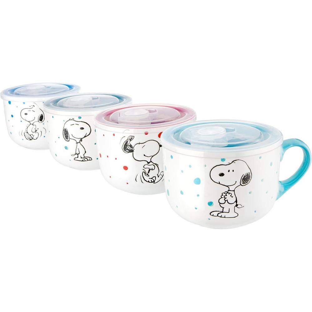 image:imagePeanuts Snoopy 55Inch Decorated Stoneware Bowls Stackable 4Pack Bowl Set for Cereal Snacks or Dessert Dishwasher amp Microwave SafeSnoopy Design