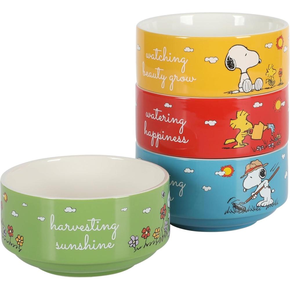 image:imagePeanuts Snoopy 55Inch Decorated Stoneware Bowls Stackable 4Pack Bowl Set for Cereal Snacks or Dessert Dishwasher amp Microwave SafeStackable Decorated Design