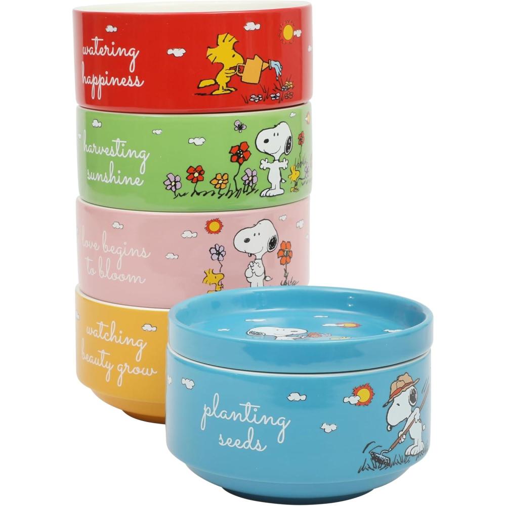 image:imagePeanuts Snoopy 55Inch Decorated Stoneware Bowls Stackable 4Pack Bowl Set for Cereal Snacks or Dessert Dishwasher amp Microwave SafeStackable Design with Plate