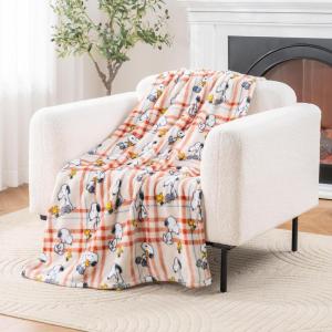 Berkshire Blanket Peanuts VelvetLoft Cute Character Snoopy Plush Throw Blanket,Peanuts Snoopy Make A Wish Spring Pink,Throw 55 in x 70 in (Official Peanuts Product)(Snoopy and Woodstock Wood Holiday Plaid Medium Tan)