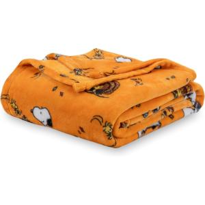 Berkshire Blanket Peanuts VelvetLoft Cute Character Snoopy Plush Throw Blanket,Peanuts Snoopy Make A Wish Spring Pink,Throw 55 in x 70 in (Official Peanuts Product)(Snoopy and Woodstock Fall Birds & Leafs Orange)