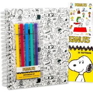 Peanuts Sketchbook Set – Bundle with Doodle Book Plus Markers, Stickers, Tattoos for Kids, Adults | Snoopy Journal Notebook Stationery Drawing Kit