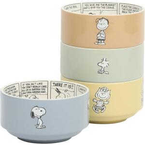 Peanuts Snoopy 5.5-Inch Decorated Stoneware Bowls, Stackable 4-Pack Bowl Set for Cereal, Snacks, or Dessert, Dishwasher & Microwave Safe(Bonbon Bites Design)