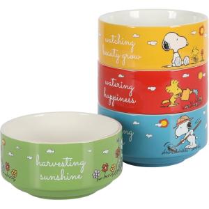 Peanuts Snoopy 5.5-Inch Decorated Stoneware Bowls, Stackable 4-Pack Bowl Set for Cereal, Snacks, or Dessert, Dishwasher & Microwave Safe(Stackable Decorated Design)