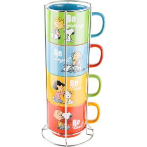 Peanuts Snoopy Gentle Reminders 15oz Stackable Mugs w/Metal Rack, Stoneware, 4-Pack, Assorted Colors