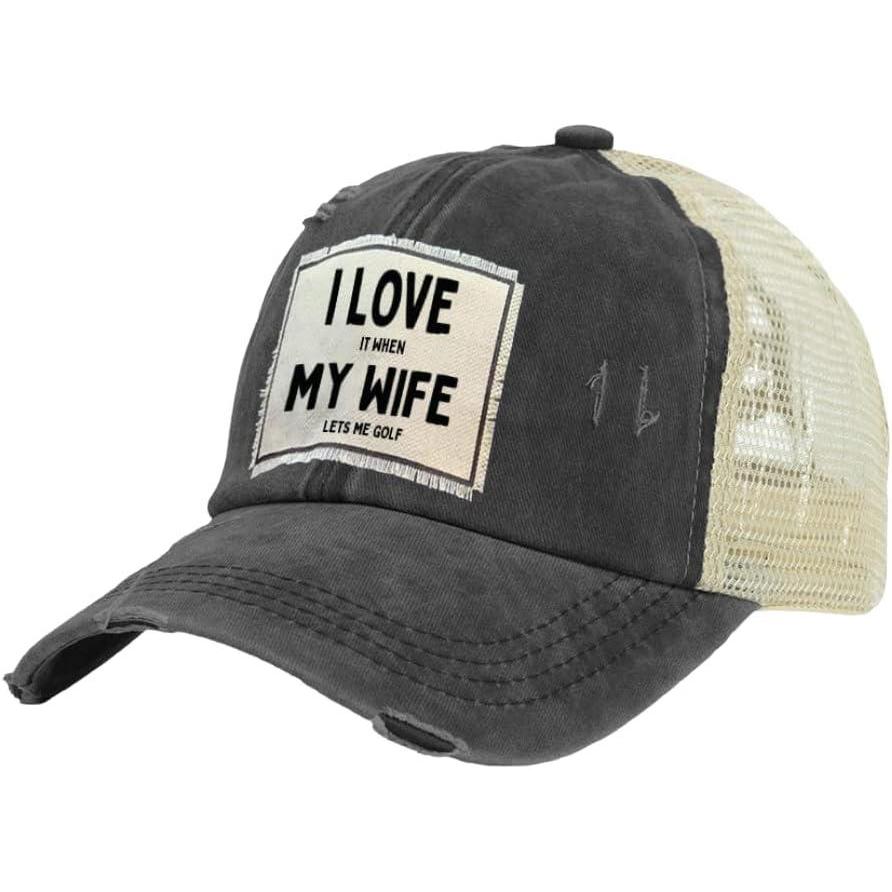 image:imageBRIEF INSANITY Vintage Distressed Trucker Hat  Funny Snapback Hat  Unisex Adult CapI Love It When My Wife Lets Me Golf
