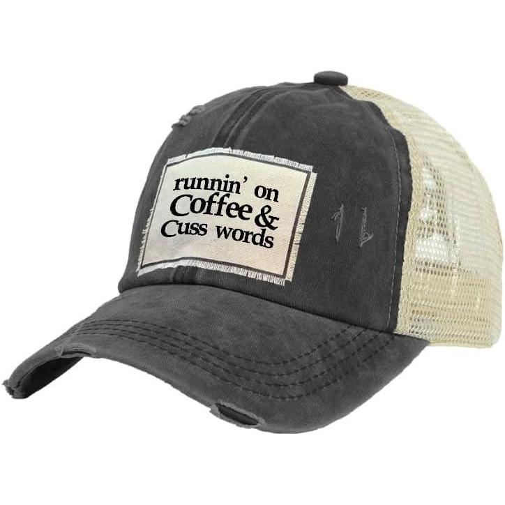 image:imageBRIEF INSANITY Vintage Distressed Trucker Hat  Funny Snapback Hat  Unisex Adult CapRunnin on Coffee and Cuss Words