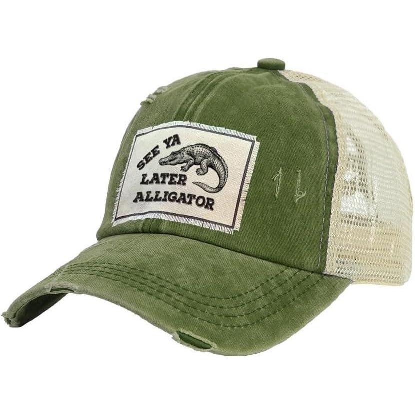 image:imageBRIEF INSANITY Vintage Distressed Trucker Hat  Funny Snapback Hat  Unisex Adult CapSee Ya Later Alligator