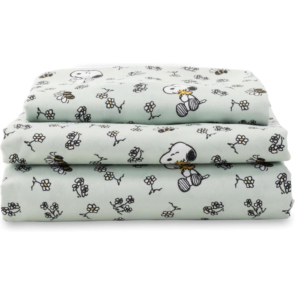 image:imageBerkshire Blanket Peanuts Kids Sheet Set Full Size  4 Pieces Peanuts Snoopy Different Emotion Sheet Scale Murky Blue Cute Character Snoopy Printed Soft Microfiber Bed SheetsMini Snoopy  Woodstock New Flower and Bees Sage