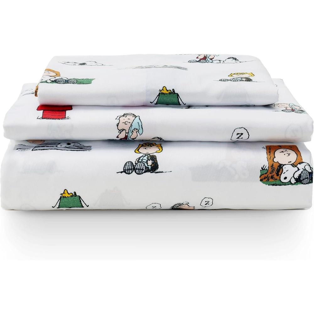 image:imageBerkshire Blanket Peanuts Kids Sheet Set Full Size  4 Pieces Peanuts Snoopy Different Emotion Sheet Scale Murky Blue Cute Character Snoopy Printed Soft Microfiber Bed SheetsPeanuts Sleeping Colorized White