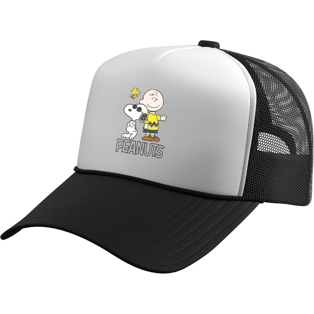 image:imagePeanuts  Charlie Snoopy Woodstock Trucker Hat with Adjustable Mesh BackBlackWhite