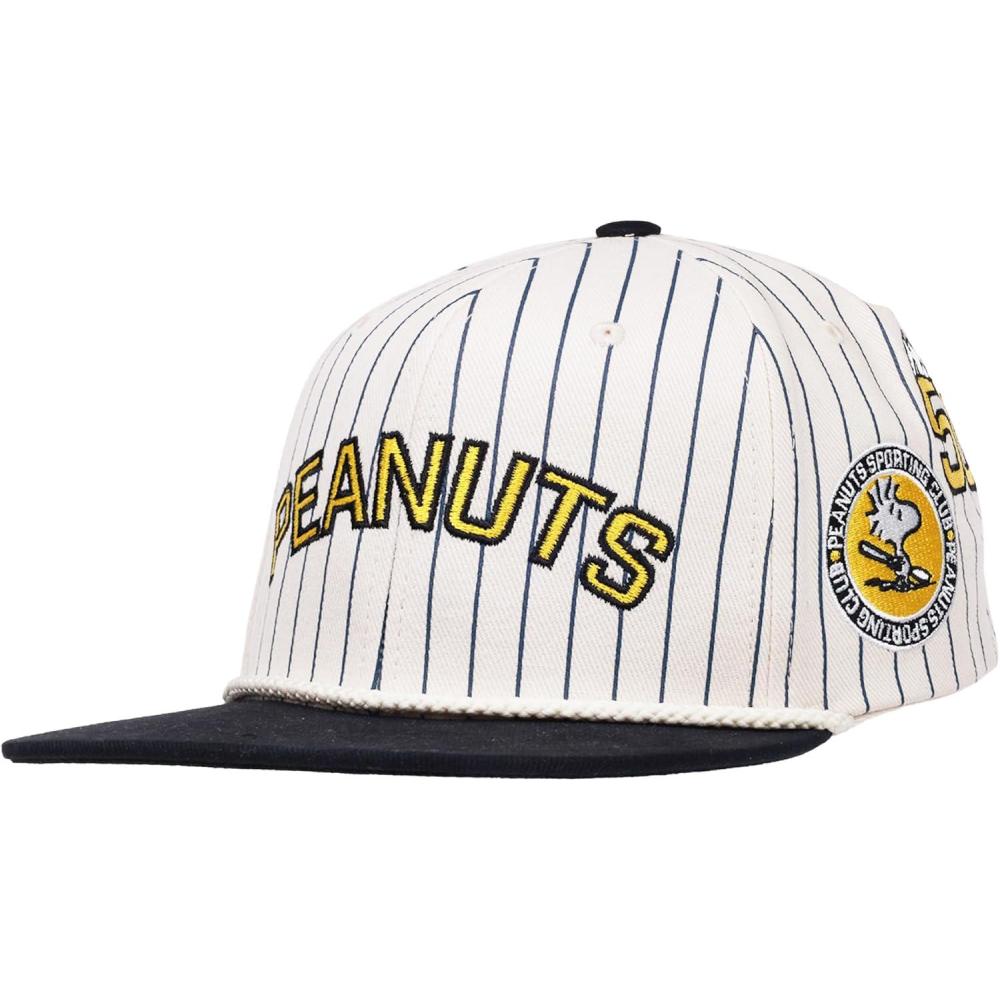 image:imagePeanuts Pin Stripe Baseball Cap Snoopy Sports Club Snapback Hat Embroidered Logo and Adjustable Fit White and Navy