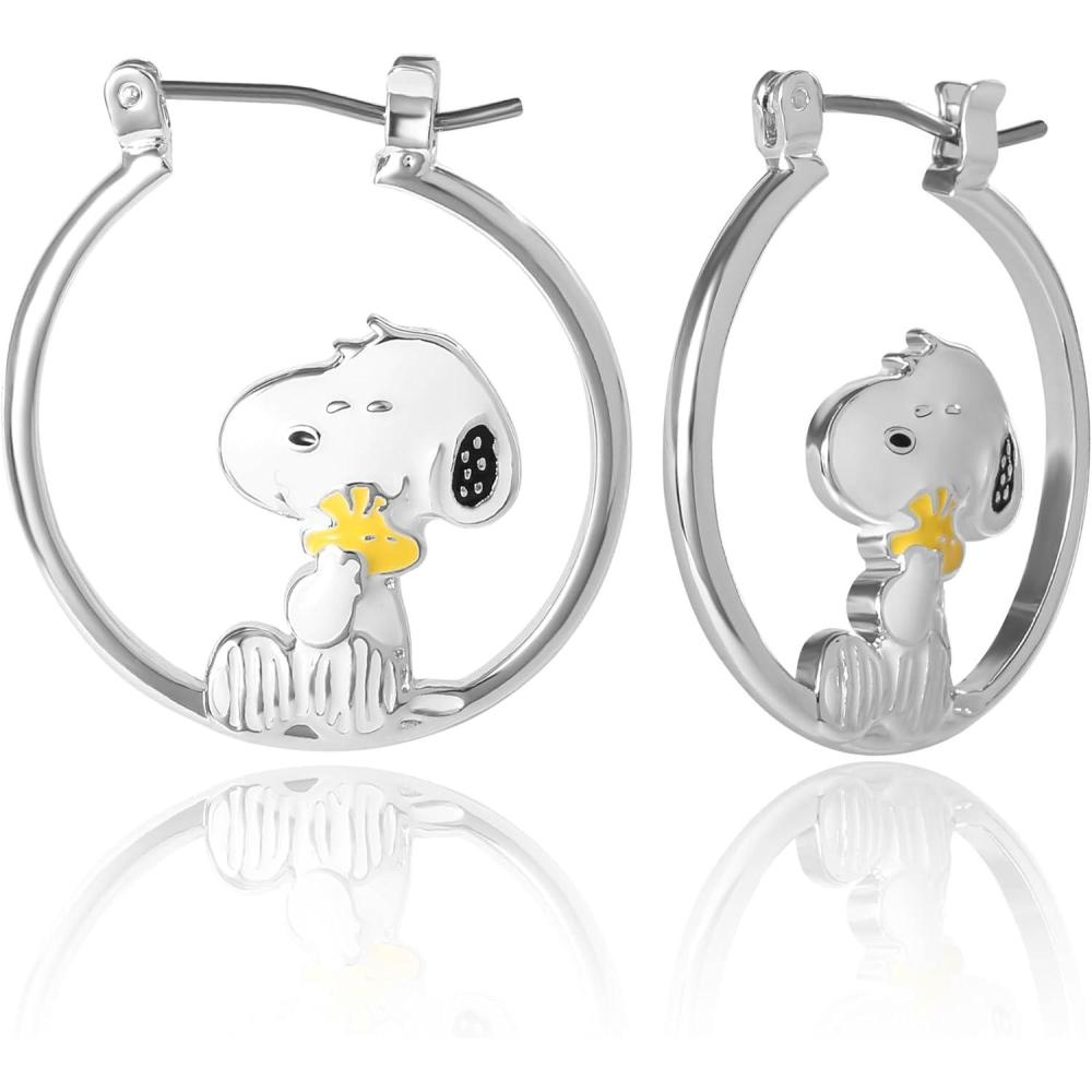 image:imagePeanuts Snoopy Earrings for Women Official License Silver FlashPlated Hoop Earrings with a Snoopy and Woodstock Accessory