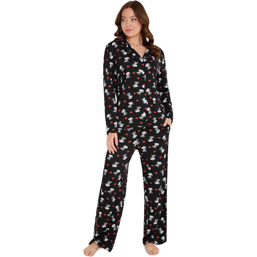image:imagePeanuts Snoopy Pajamas for Women Set Long Sleeve Lounge Top PJ Pants Sleepwear Cute Nightwear Loungewear Gifts for WomenBlack