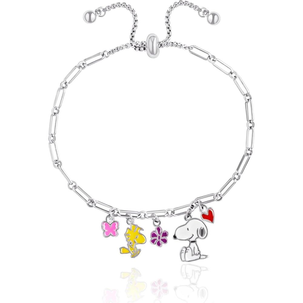 image:imagePeanuts Womens Adjustable Lariat Charm Bracelet  Silver Plated Enamel Charm Bracelet with Snoopy  Official License