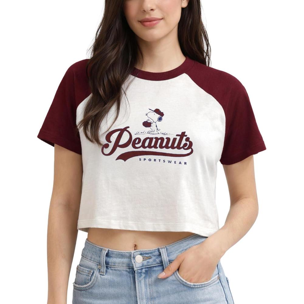 image:imagePeanuts Womens Crop Top  Snoopy Short Sleeve Crewneck Casual Cropped Graphic Baby Tee Shirts for Women Sizes SXLCreamRed