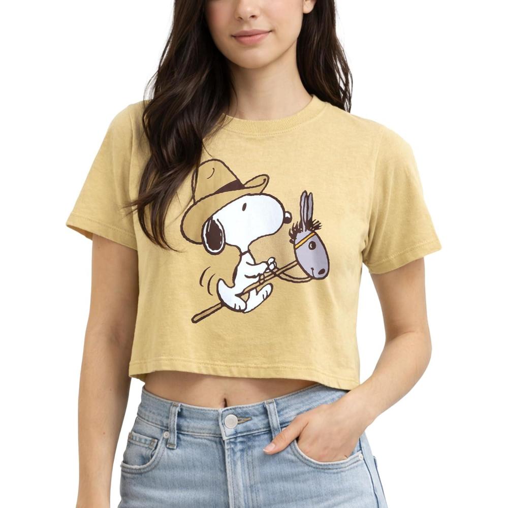 image:imagePeanuts Womens Crop Top  Snoopy Short Sleeve Crewneck Casual Cropped Graphic Baby Tee Shirts for Women Sizes SXLLight Yellow