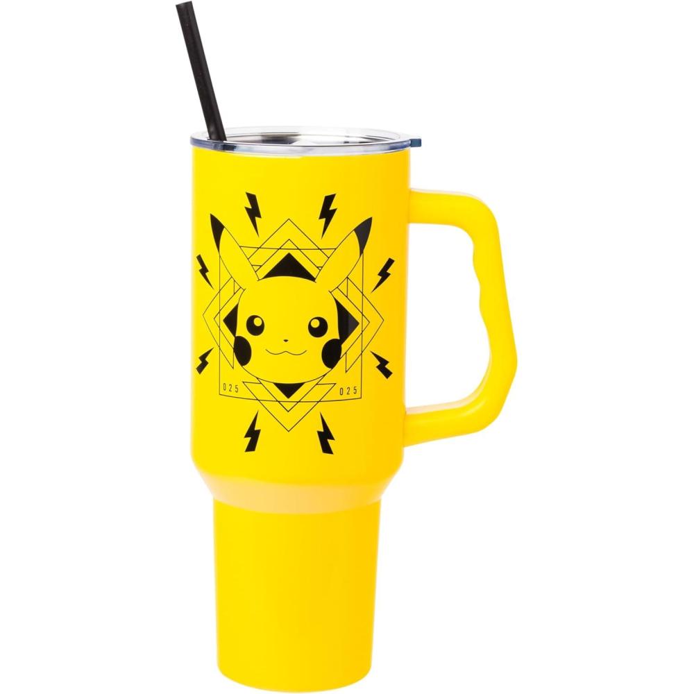 image:imageSilver Buffalo Peanuts Featuring Snoopy and Woodstock Feelin Groovy Double Walled Stainless Steel Tumbler with Handle and Straw Fits in Standard Cup Holder 40 OuncesPikachu Lightning Bolts Badge Pokemon