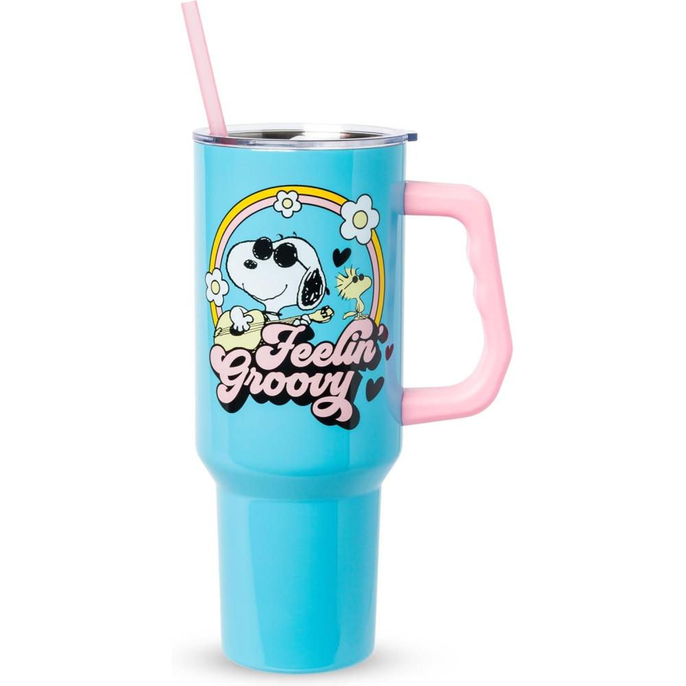 image:imageSilver Buffalo Peanuts Featuring Snoopy and Woodstock Feelin Groovy Double Walled Stainless Steel Tumbler with Handle and Straw Fits in Standard Cup Holder 40 OuncesPeanuts Feeling Groovy