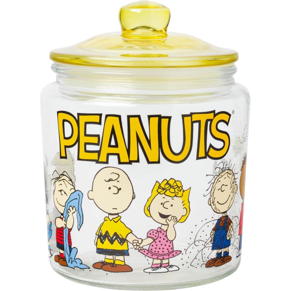 image:imageSilver Buffalo Peanuts Squad Featuring Charlie Brown Snoopy Schroeder Lucy Linus Sally Pigpen Woodstock and Franklin Glass Cookie Snack Candy Jar with Lid SmallPeanuts Squad Small Glass