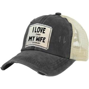 BRIEF INSANITY Vintage Distressed Trucker Hat – Funny Snapback Hat | Unisex Adult Cap(I Love It When My Wife Let’s Me Golf)
