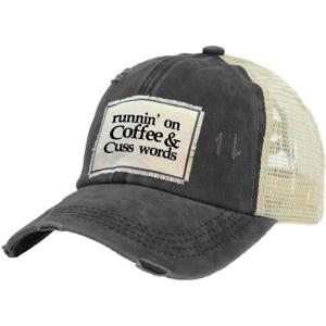 BRIEF INSANITY Vintage Distressed Trucker Hat – Funny Snapback Hat | Unisex Adult Cap(Runnin on Coffee and Cuss Words)