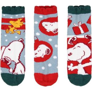 Bioworld Peanuts Adult Snoopy and Woodstock Holiday 3 Pair Chenille Quarter Crew Socks with Scalloped Cuff (Sock Size 9-11)