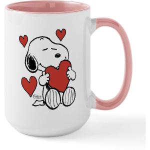 CafePress Snoopy Valentine’s Day 15 oz (444 ml) Ceramic Coffee Mug(White/Pink Inside)