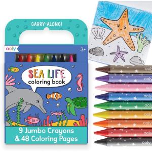 Ooly x Peanuts Travel Art Kit with 9 Jumbo Crayons & 48 Themed Coloring Pages & Case for Easy Traveling Art Creation, Perfect Airplane & Road Trip Activities for Kids(Sea Life)