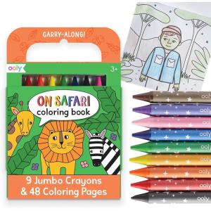 Ooly x Peanuts Travel Art Kit with 9 Jumbo Crayons & 48 Themed Coloring Pages & Case for Easy Traveling Art Creation, Perfect Airplane & Road Trip Activities for Kids(Safari)