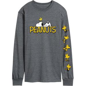 Peanuts – Logo Snoopy and Woodstock – Men’s Long Sleeve Graphic T-Shirt(Heather Charcoal)