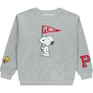 Peanuts Ladies Snoopy Fashion Sweatshirt Crewneck with Chenille Patch and Embroidery Sleeve Prints – Snoopy Sweatshirt(Light Grey Heather)