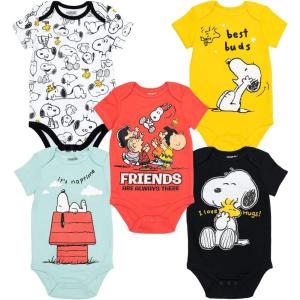 Peanuts Snoopy Charlie Brown Baby 5 Pack Bodysuits Newborn to Infant(Multi)