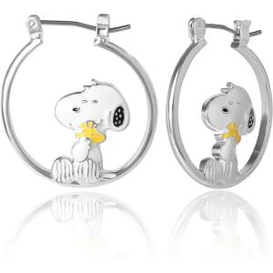 Peanuts Snoopy Earrings for Women Official License, Silver Flash-Plated Hoop Earrings with a Snoopy and Woodstock Accessory