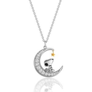 Peanuts Snoopy Moon Cubic Zirconia Necklace for Women Official License 18″, 18k Gold Flash Plated, Valentines Gifts for Her