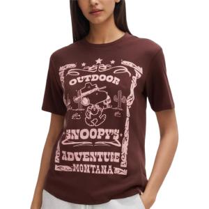 Peanuts Snoopy Womens Graphic T Shirts – Snoopy Charlie Brown Woodstock Crewneck Short Sleeve Shirts for Women (Sizes: S-XL)(Brown Scout Snoopy)
