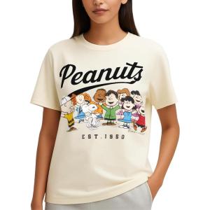 Peanuts Snoopy Womens Graphic T Shirts – Snoopy Charlie Brown Woodstock Crewneck Short Sleeve Shirts for Women (Sizes: S-XL)(Cream Peanuts Friend)