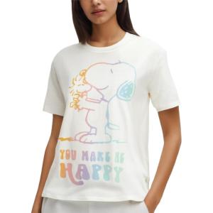 Peanuts Snoopy Womens Graphic T Shirts – Snoopy Charlie Brown Woodstock Crewneck Short Sleeve Shirts for Women (Sizes: S-XL)(White Snoopy)