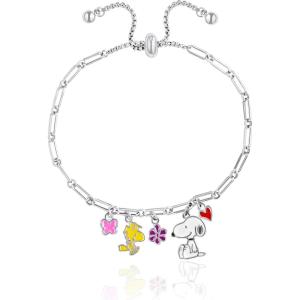 Peanuts Womens Adjustable Lariat Charm Bracelet – Silver Plated Enamel Charm Bracelet with Snoopy – Official License