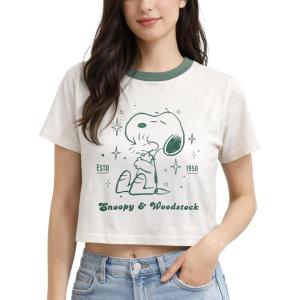 Peanuts Womens Crop Top – Snoopy Short Sleeve Crewneck Casual Cropped Graphic Baby Tee Shirts for Women (Sizes: S-XL)(Cream/Green)