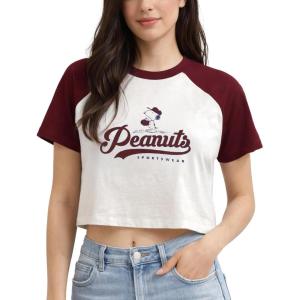 Peanuts Womens Crop Top – Snoopy Short Sleeve Crewneck Casual Cropped Graphic Baby Tee Shirts for Women (Sizes: S-XL)(Cream/Red)
