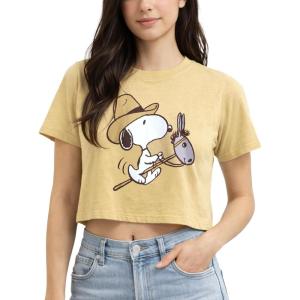 Peanuts Womens Crop Top – Snoopy Short Sleeve Crewneck Casual Cropped Graphic Baby Tee Shirts for Women (Sizes: S-XL)(Light Yellow)