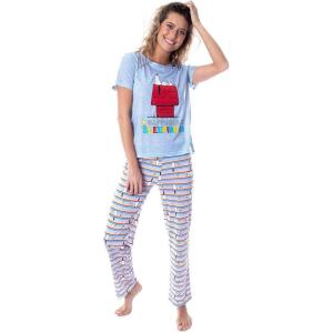 Peanuts Women’s Snoopy Happiness is Sleeping In Shirt And Pants Sleepwear Pajama Set(Sleeping is Happiness)