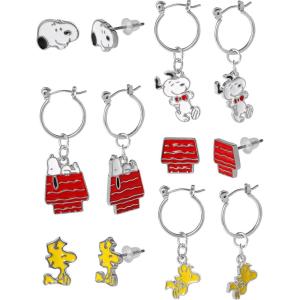 SALLY ROSE Peanuts Woodstock and Snoopy Earrings Pack of 6 Pairs Official License, Enamel-Plated Valentines Earrings