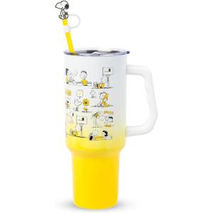 Silver Buffalo Peanuts Featuring Snoopy and Woodstock Feelin’ Groovy Double Walled Stainless Steel Tumbler with Handle and Straw, Fits in Standard Cup Holder, 40 Ounces(Peanuts Iconic Scenes)