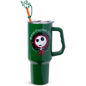 Silver Buffalo Peanuts Featuring Snoopy and Woodstock Feelin’ Groovy Double Walled Stainless Steel Tumbler with Handle and Straw, Fits in Standard Cup Holder, 40 Ounces(Nightmare Before Christmas Making Xmas Fright)