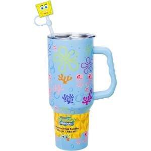 Silver Buffalo Peanuts Featuring Snoopy and Woodstock Feelin’ Groovy Double Walled Stainless Steel Tumbler with Handle and Straw, Fits in Standard Cup Holder, 40 Ounces(Spongebob Squarepants Jellyfishing in Bikini Bottom)