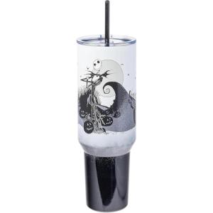 Silver Buffalo Peanuts Featuring Snoopy and Woodstock Feelin’ Groovy Double Walled Stainless Steel Tumbler with Handle and Straw, Fits in Standard Cup Holder, 40 Ounces(Nightmare Before Christmas Hill and Moon Scene)