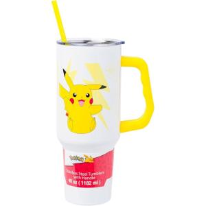 Silver Buffalo Peanuts Featuring Snoopy and Woodstock Feelin’ Groovy Double Walled Stainless Steel Tumbler with Handle and Straw, Fits in Standard Cup Holder, 40 Ounces(Pikachu Pokemon)
