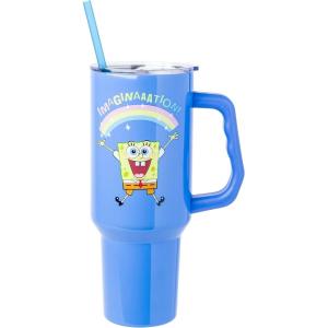 Silver Buffalo Peanuts Featuring Snoopy and Woodstock Feelin’ Groovy Double Walled Stainless Steel Tumbler with Handle and Straw, Fits in Standard Cup Holder, 40 Ounces(Spongebob Squarepants Imagination)